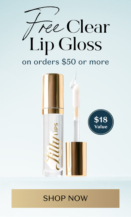 LilyLips lip gloss with promotional text on a light blue background