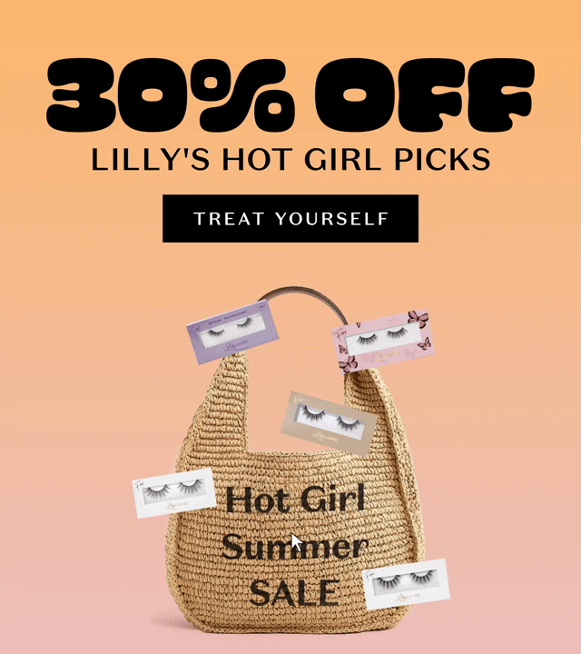 Promotional banner for Lilly Lashes Hot Girl Summer Sale featuring 30% off Lilly's Hot Girl Picks. A straw beach bag labeled 'Hot Girl Summer SALE' is surrounded by floating eyelash boxes on a sunset gradient background. Centered text reads '30% OFF Lilly's Hot Girl Picks' with a bold 'Treat Yourself' button below."