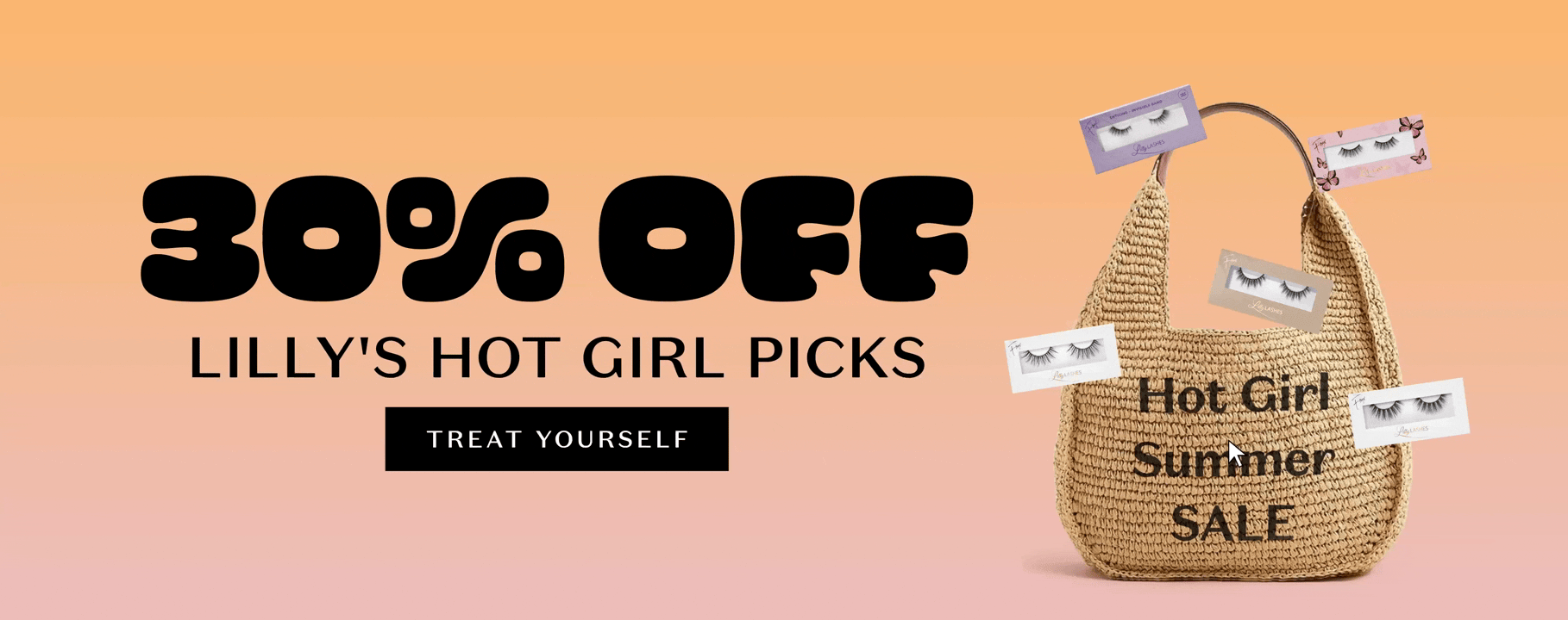 Promotional banner for Lilly Lashes Hot Girl Summer Sale featuring 30% off Lilly's Hot Girl Picks. A straw beach bag labeled 'Hot Girl Summer SALE' is surrounded by floating eyelash boxes on a sunset gradient background. Centered text reads '30% OFF Lilly's Hot Girl Picks' with a bold 'Treat Yourself' button below."
