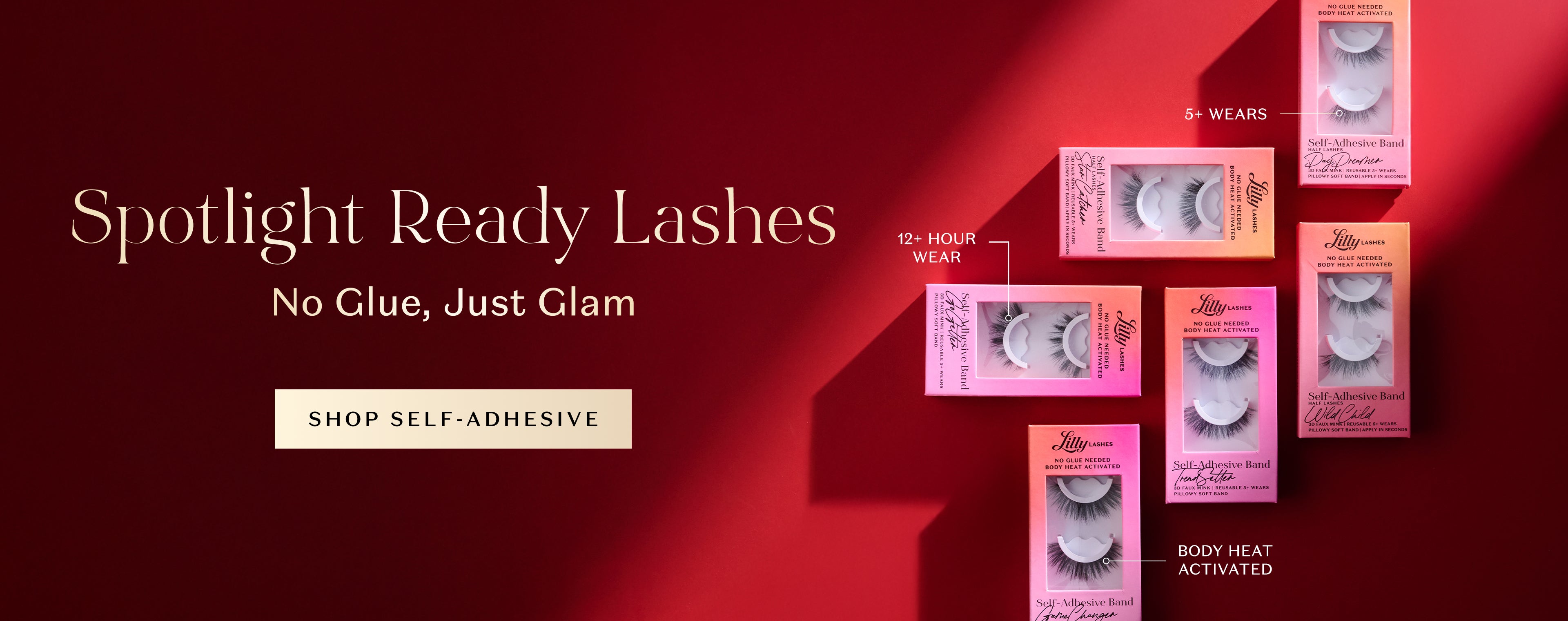 Banner showcases Lilly Lashes self-adhesive lashes with a bold red background and luxe gold text. Key features highlighted include 12+ hour wear, 5+ uses, and body heat activation—no glue needed. The sleek packaging in pink and peach tones displays the lashes, emphasizing effortless glam. A "SHOP SELF-ADHESIVE"