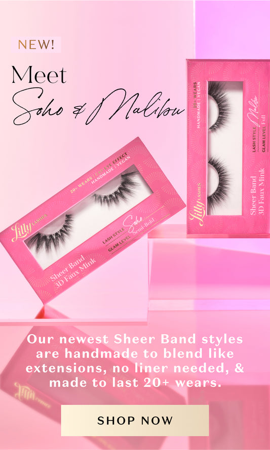 Mobile promotional banner for Lilly Lashes featuring the new Sheer Band 3D Faux Mink style 'Soho.' Set against a soft pink gradient background, the lash box is displayed prominently with text introducing Soho & Malibu. The caption highlights features like handmade quality, no liner needed, and 20+ wears. A 'SHOP NOW' button is at the bottom."