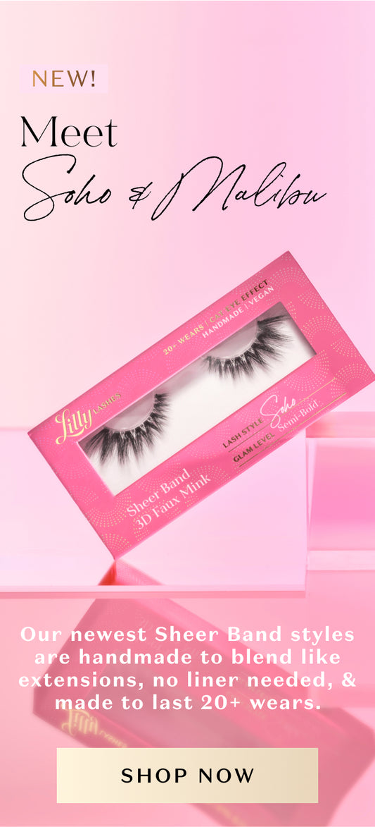 Mobile promotional banner for Lilly Lashes featuring the new Sheer Band 3D Faux Mink style 'Soho.' Set against a soft pink gradient background, the lash box is displayed prominently with text introducing Soho & Malibu. The caption highlights features like handmade quality, no liner needed, and 20+ wears. A 'SHOP NOW' button is at the bottom."